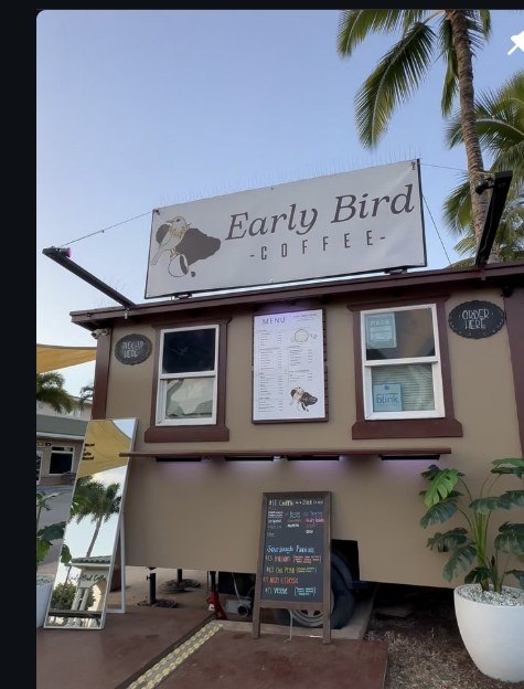 The Early Bird Coffee shack with its hand-painted sign on South Kihei Road.