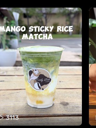 An iced mango sticky rice matcha in an Early Bird logo cup.